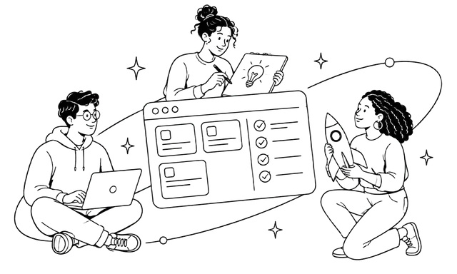 Line illustration of three builders around a funding workspace